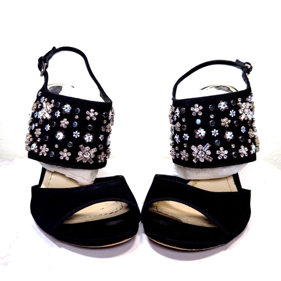 Christian Dior Sequin & Crystal Embellished Open Toe Sandals/Heels (Black)